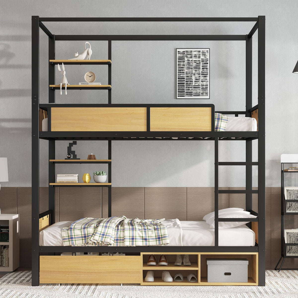 Bunk Bed, Iron Bed, Iron MDF, Double Shelf On The Side Of The Bed, Storage Space Under The Bed, Bed Curtain Can Be Attached To The Upper Bed, Black Natural, 90x200cm