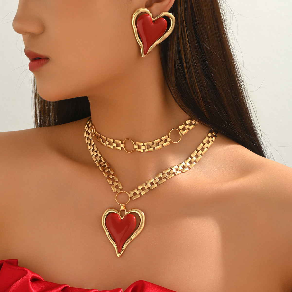 Cross-Border European American Jewelry Set For Women, Unique Exaggerated Heart Enamel Drop Earrings & Matching Clavicle Necklace, Versatile Fashion Neck Ear Jewelry
