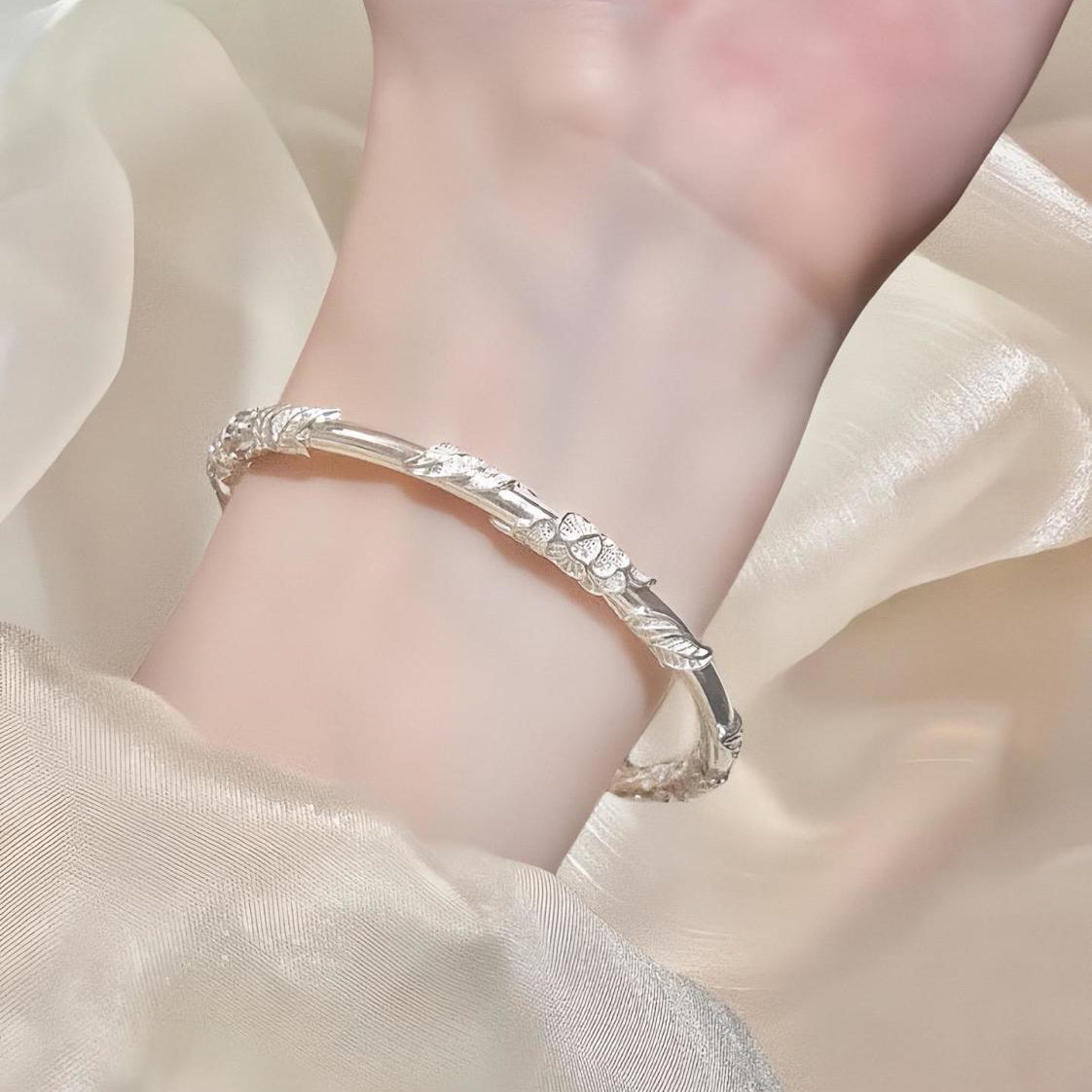1pcs 925 Sterling Silver Floral Retractable Silver Bangle, Classic Retro Style, Ideal For Birthday & Holiday Gifts
