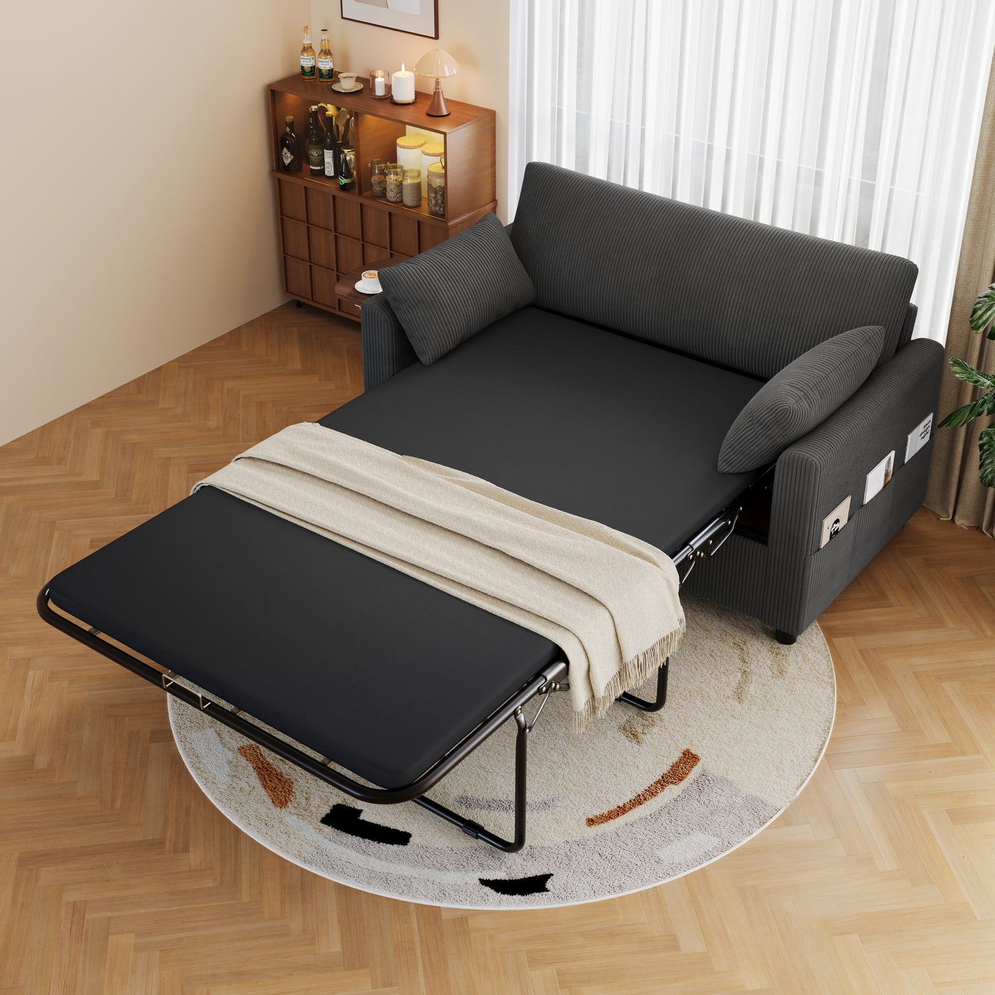 Pull-out 2 Seater Sofa Bed With Sleeping Function, USB Charging Port, Folding Side Table, Mattress, Two Sheets And Two Pillows, Ideal For Living Rooms And Apartments, Grey