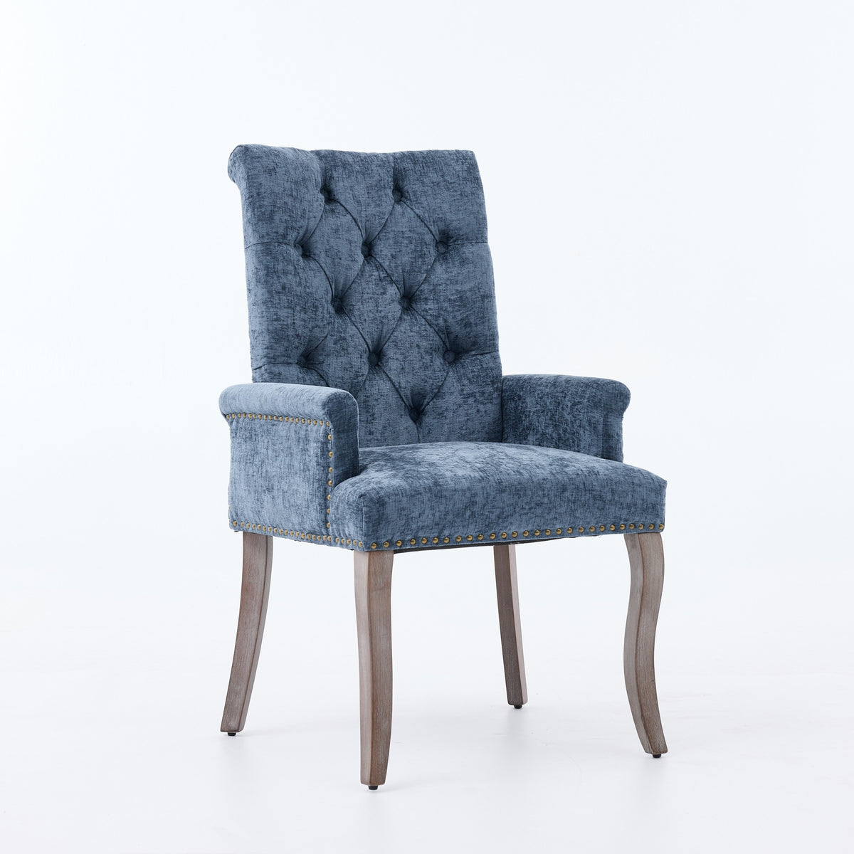 Upholstered Chenille Fabric Accent Dining Chair, Curved Solid Wood Legs, Elegant Tufted Club Dining Room Kitchen Room Arm Dining Chair, Single Pack,Blue,SW1895BL