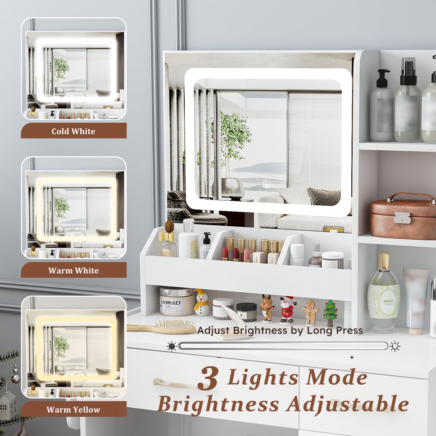 Vanity Desk With LED Mirror Lights And Power Outlet Charging Station, Makeup Dressing Table With 3 Drawers, 7 Shelves And Storage Stool, For Girls And Women White