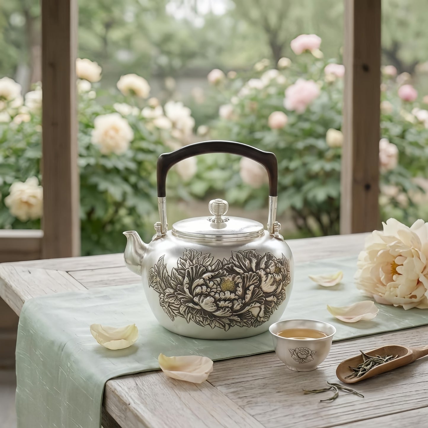 Pure 999 Fine Silver Handcrafted Silver Floral Tea Kettle with Sandalwood Handle and Ornate Peony Engraving - Handicraft