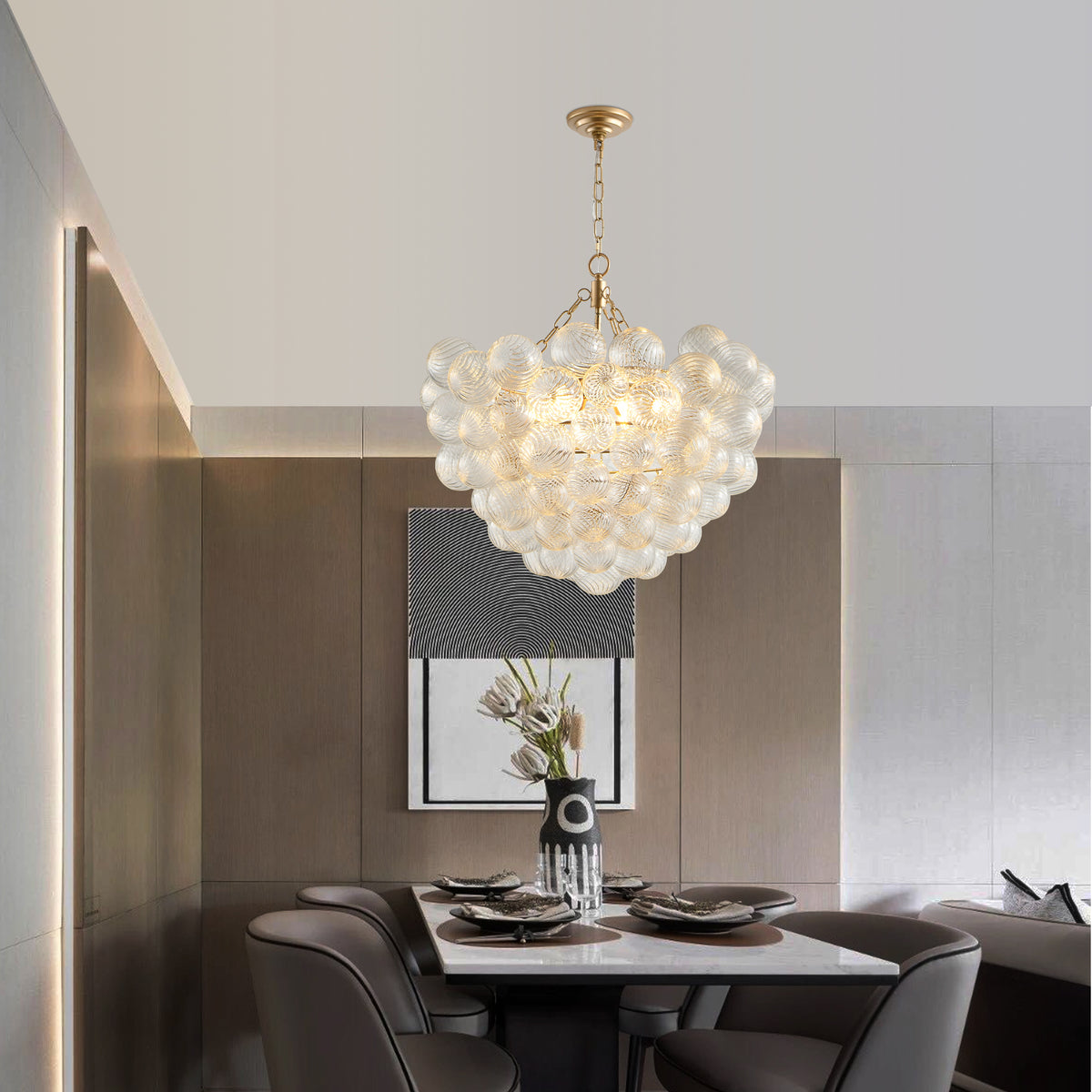 23.6-Inch Gold Pendant Light Chandelier With Threaded Clear Glass Globe Shade - Adjustable Height, Ideal For Living Room, Dining Room, Kitchen No Bulbs