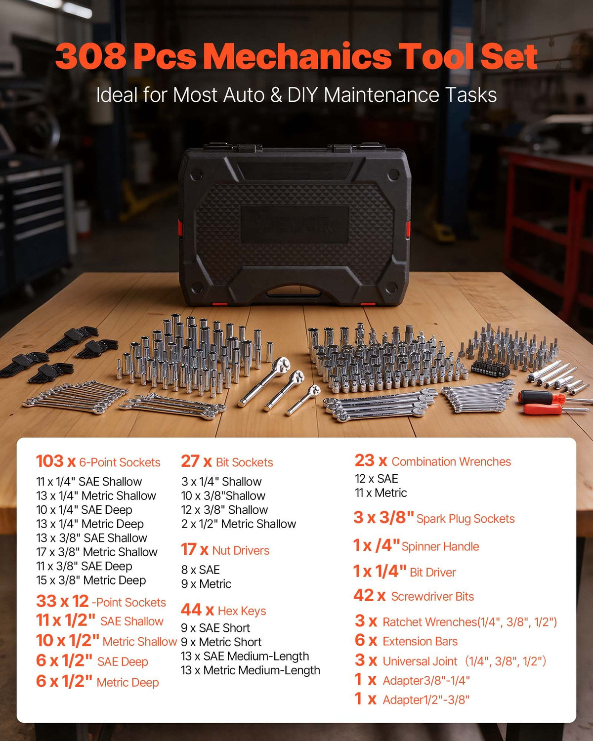 Mechanics Tool Set, 308-Piece Mechanic Tool Kit, 1/4 In, 3/8 In, And 1/2 In Drive, SAE And Metric Socket Set, Wrenches, Screwdriver Bits, Accessories, And Storage Case, For Automotive Repair