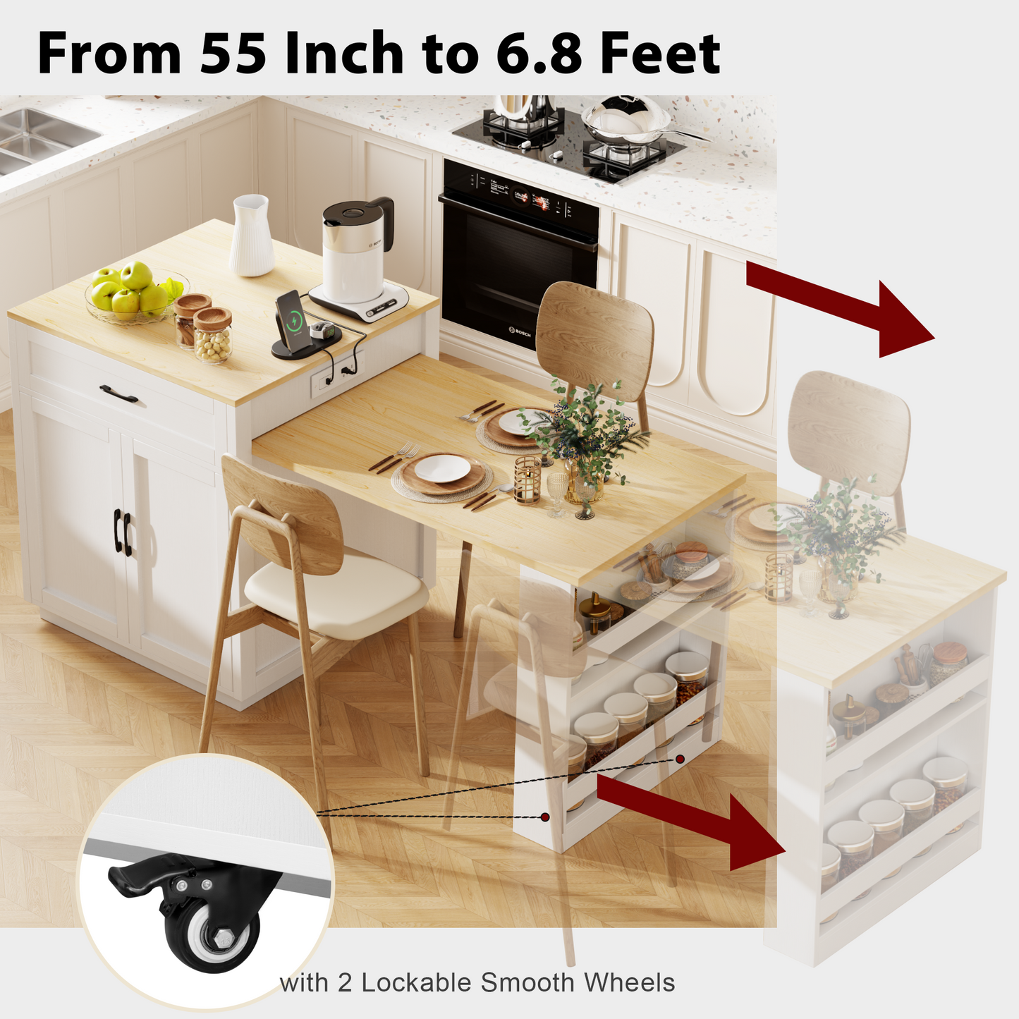 K&K 82.7 Inch Kitchen Island With Extendable Dining Table For 4 6 Person,Two Tone Kitchen Table With Double Sized Storage, Power Outlet, Kitchen Island With Storage 2 Drawers 2 Side Open Shelves,White