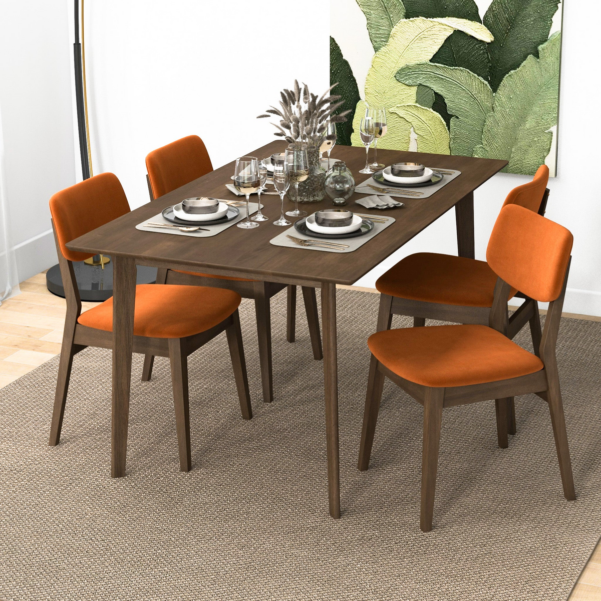 Carlos Mid-Century Modern Burnt Orange Velvet Solid Back Side Chair Set Of 2 , Solid Wood, 32.3 H X 20.9 W X 19.3 D Fabric Upholstered Kitchen Side Chairs