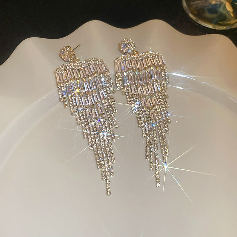 Silver Needle Zirconia Tassel Drop Earrings Women Light Luxury Exaggerated Fringe Statement Gift