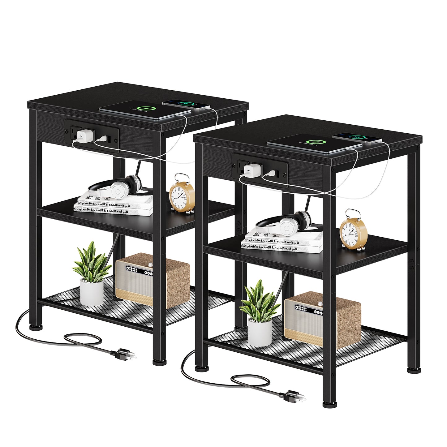 15.7-inch Small Side Table With Charging Device, Coffee Table With Socket And USB Interface, Three-layer Adjustable Storage Bedside Cabinet
