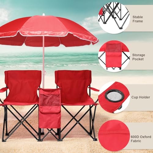 Outvita Folding Double Camping Chair w/Umbrella Beverage Holder Carrying Bag Cooler Fold Up Table, Large Bearing Capacity ...