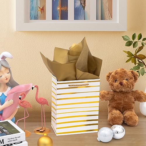 Nihuecne 9" Gift Bags Medium Size with Tissue Paper, 4 Pack White Gold Wrap Paper Gift Bags with Handles for Shopping Part...