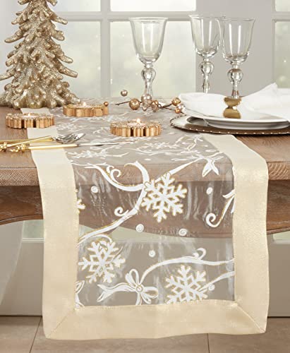 SARO LIFESTYLE Felicity Collection Printed Snowflake and Ribbon Table Runner, 16"x72", Gold