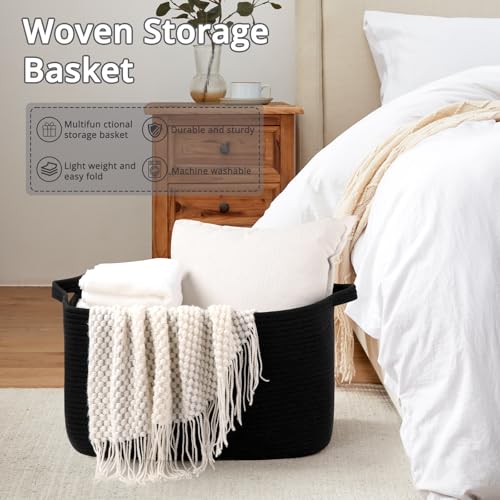OIASKET Large Blanket Basket, Black Blanket Storage Living Room, Rectangle Woven Baskets for Storage Toys, Towels, Dirty C...