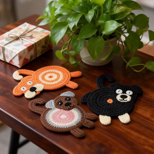 Leadiy 3Pcs/Set Coaster, Woven Creative Coasters for Dog Lovers, Gag Gifts Dog Coffee Coaster for Desk Accessories Home De...