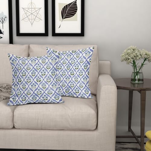Smozenith Blue Green Floral Block Print Pillow Covers 18X18 Set of 2, Flower Pattern Spring Summer Print Decorative Throw ...