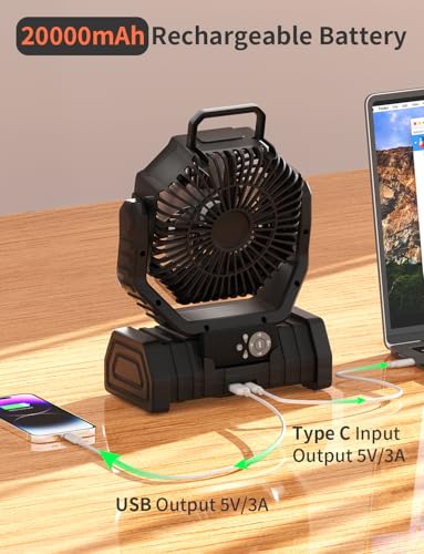 EEIFO Battery Operated Fan Portable Battery Powered Outdoor Camping Tent Fan with LED Lantern Light 20000mAh Rechargeable,...