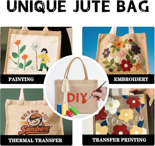 Karinoos 6pcs Burlap Tote Bag Set with Handles, Waterproof Reusable Blank Grocery Bags with Ribbon Large Jute Tote 15.35 *...