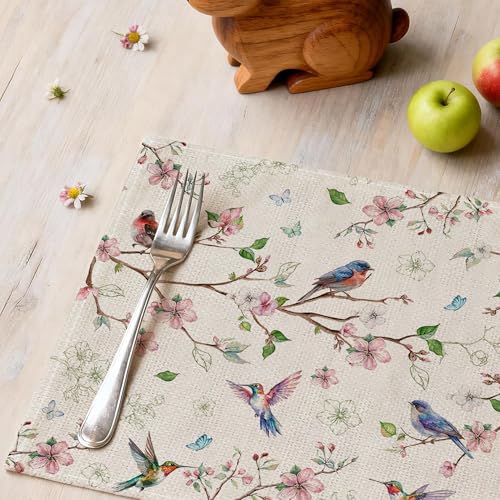 Cusugbaso Spring Placemats Set of 4 12x18 inch for Dinning Table - Floral Bird Branch Spring Decor for Party, Dinner - Far...