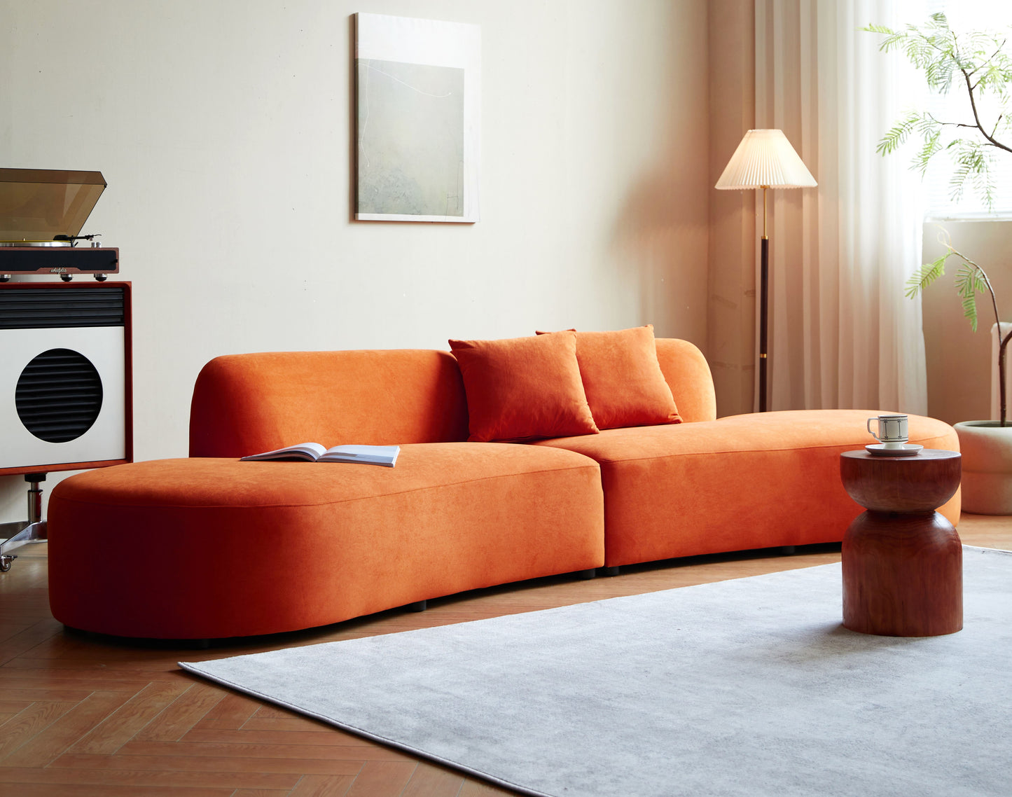 132 Curved Sofa With Throw Pillows, 6 Seater Luxury Velvet Couch With Half Moon Design And High-Density Foam, Ideal For Modern Living Room, Office & Apartment, Red Orange