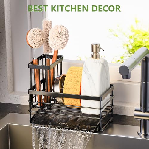 Cisily Sink Caddy Sponge Holder for Kitchen with Brush Holder and Stainless Steel Self Drain Tray, Rustproof Kitchen Sink ...