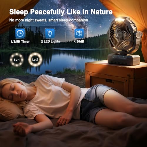 AVAVO 03 Light Black - Rechargeable Camping Fan - Portable Battery Powered Fan with Timer & Hook, Ventilador Recargable fo...