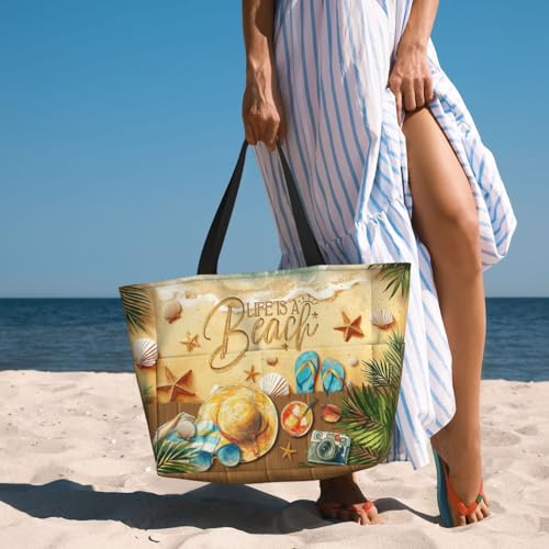 Amsnkee Large Waterproof Sandproof Beach Tote Bag for Women with Zipper & 7 Pockets, Lightweight Foldable Pool Swim Bag