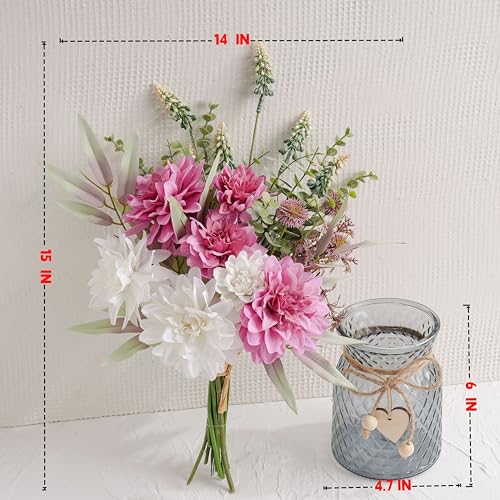 LUEUR Artificial Dahlia Flowers with Vase – Rose Red Faux Flower Arrangement, Romantic Floral Centerpiece Table Decoration...