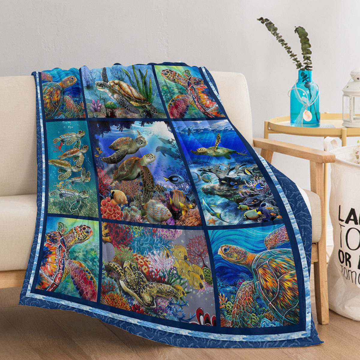 1 Pc Of Flannel Coral Turtle Cute Pet Theme Soft And Fluffy Multifunctional Outdoor Beach Camping Living Room Sofa Office Nap Printed Blanket