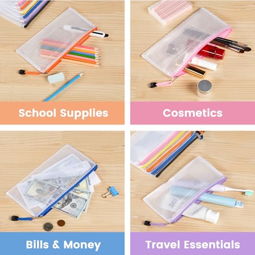 Sooez 24 Pack Mesh Zipper Pouch Bags with Label Pocket, A6 (9.1×4.7 in) Small Pencil Case Pouch for Organizing, Clear Plas...