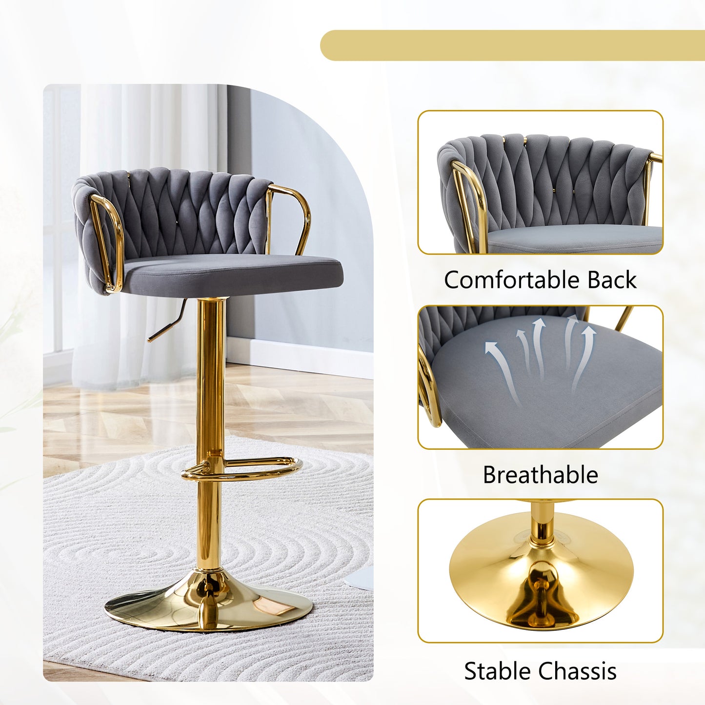Set Of 2 Modern Luxury Velvet Braided Bar Stool With Adjustable Height, Gold Metal Base & Woven Rope Backrest, Upholstered Swivel Bar Chair For Kitchen Island Or Home Bar-Gray