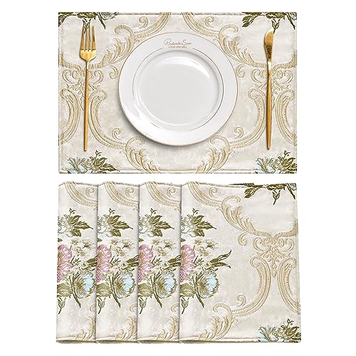 Loom and Mill Jacquard Floral Placemats Set of 4, Luxury Elegant Non-Slip Table Place Mats for Home Kitchen Party Banquet ...