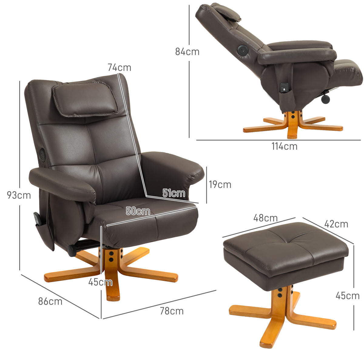 Faux Leather Massage Recliner Chair, With Storage Ottoman - Brown