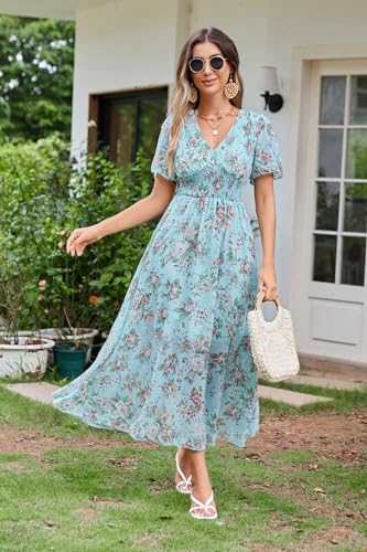 Women's Floral Maxi Dress Flowy V Neck Empire Waist Summer Wedding Guest Party Casual Chiffon Dress