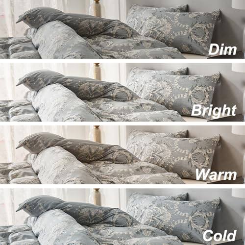 Grey Floral Duvet Cover Set Full Size Bedding Quilt Comforter Cover Reversible Duvet Covers Microfiber Bedspread Floral Be...