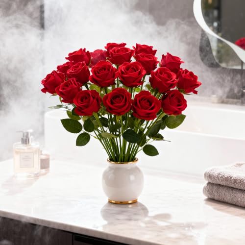 Yimomoyi Fake Red Roses Set, 50 PCS Artificial Flowers Bulk, Realistic Silk Faux Rose with Stems, for Wedding Decoration, ...