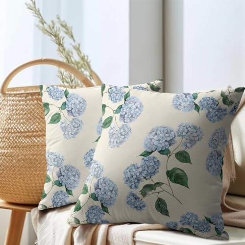 Kawani Blue Hydrangea Pillow Covers 18x18 Inch Set of 2 Blue Floral Outdoor Decorative Throw Pillow Covers Rustic Flower P...