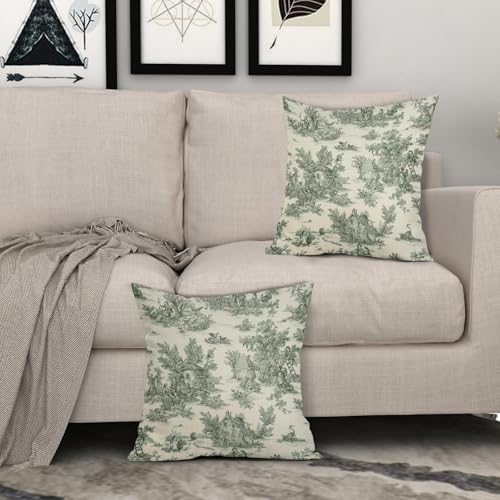 Green Toile Pillow Covers 18x18 Inch Set of 2 Olive and Beige French Country Cotton Linen Decorative Throw Pillow Case Cot...