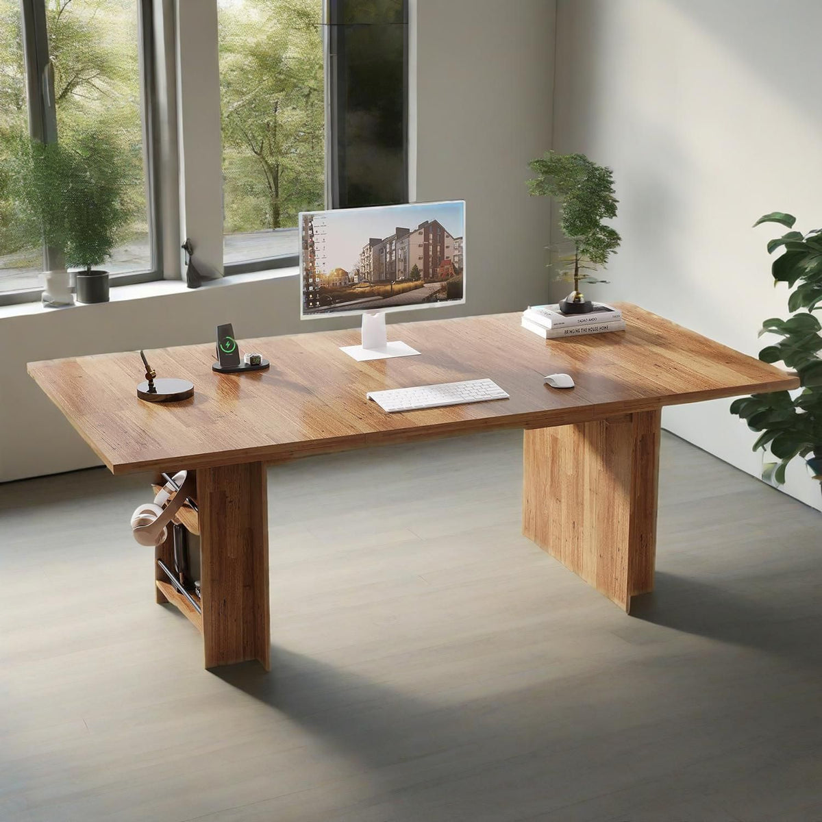 62.99-Inch Computer Desk, Modern Executive Office Desk, Large Long Writing Table With Storage Shelves