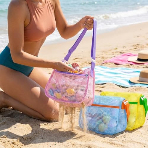 UMUACCAN Mesh Beach Shell Bags - 3Pcs Seashell Collecting Bags for Holding Beach Shell with Adjustable Shoulder Straps, Sa...