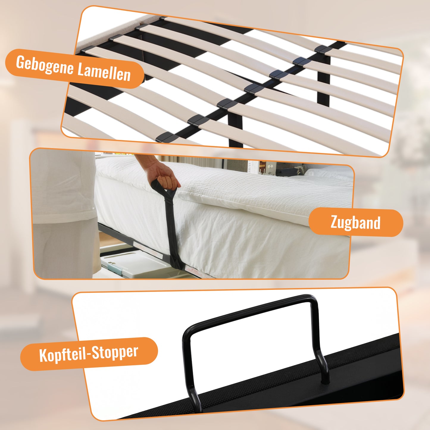 Upholstered Bed 140x200 Cm, Double Bed With Hidden Cup Holder & Charging Station, Hydraulic Bed With Storage Space Under The Bed, Incl. Slatted Frame, Linen Beige Without Mattress