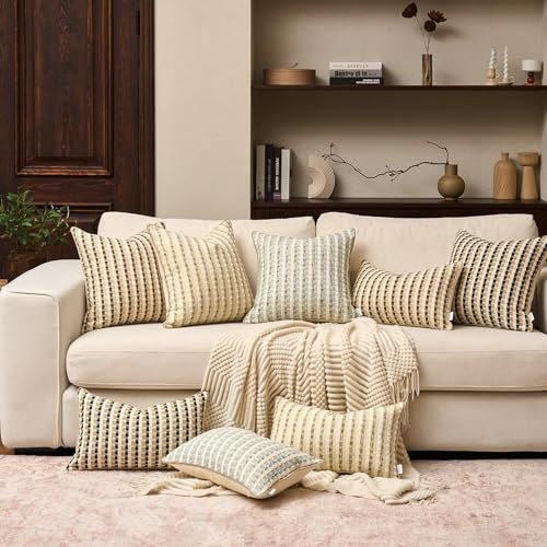 Yangest Boho Cotton and Linen Square Pillow Cover 18x18 Inch, Striped Luxury Couch Pillowcover Accent Modern Decorative Co...
