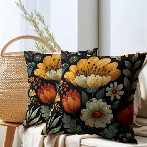 Vintage Boho Floral Pillow Covers 20x20 Inches Yellow Beige Black Throw Pillow Case Set of 2 Spring Flower Pillow Cover Co...