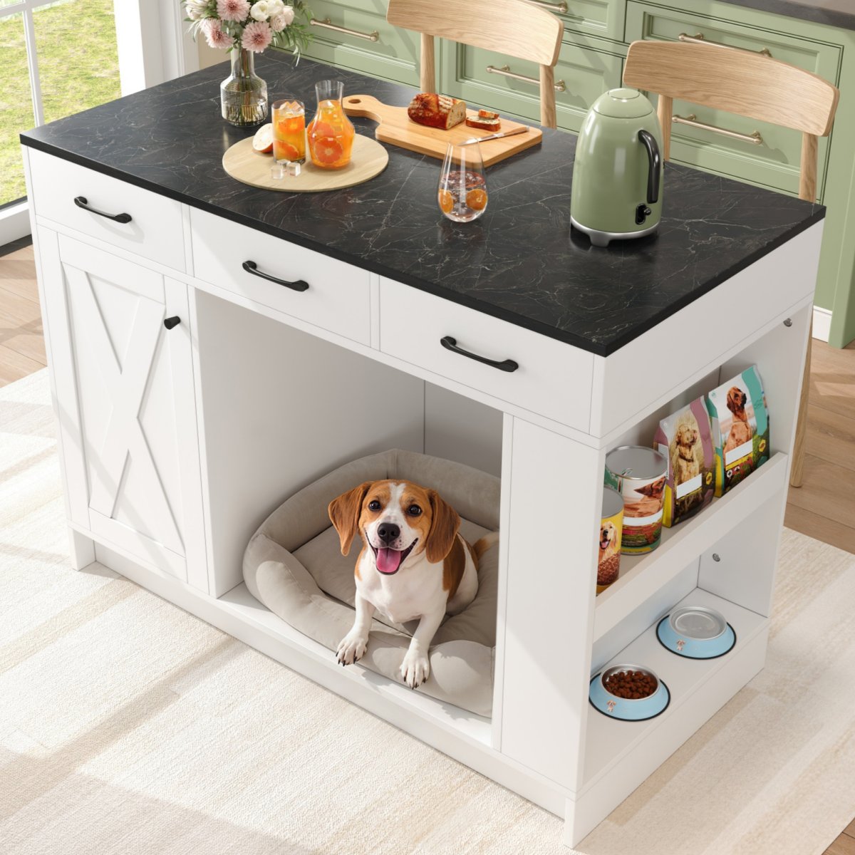 Kitchen Island, Cabinet With 3 Drawers, 1 Spice Rack, Adjustable Shelf Top, Double Shelf Without Dog Food Plate, Spacious Pet Storage Area Without Dog Cushion, 120x60x90 Cm, White