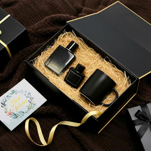 Magnetic Gift Box with Lids Ribbons and Gift Bag for Presents, 9.5x6x3" Black Gold Gift Box with Bag Set for Men Boys Him,...