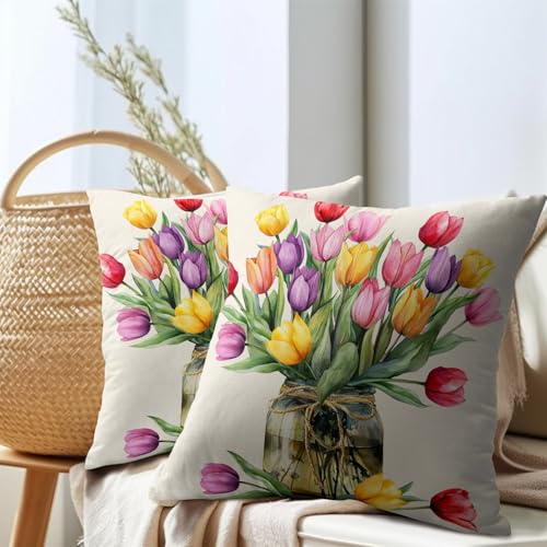Anyako Spring Summer Colorful Flowers Throw Pillow Covers 18X18 Inches Set of 2 Tulip Floral Mason Jar Pillowcase Soft Cot...