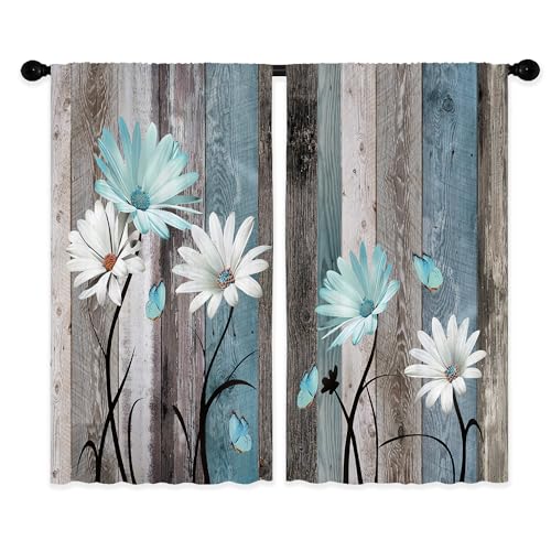 Laifzere Teal Farmhouse Daisy Curtains, Wooden Flower Window Curtains 52x84 Inch for Bedroom Living Room Decor, Rustic Flo...