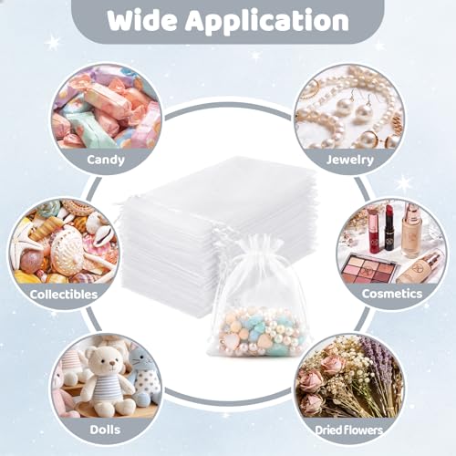 FUNFERY 100 Pcs White Organza Bags 3x4 in, Small Mesh Drawstring Gift Bags for Sachet, Jewelry, Wedding Favor, Candy Goodi...