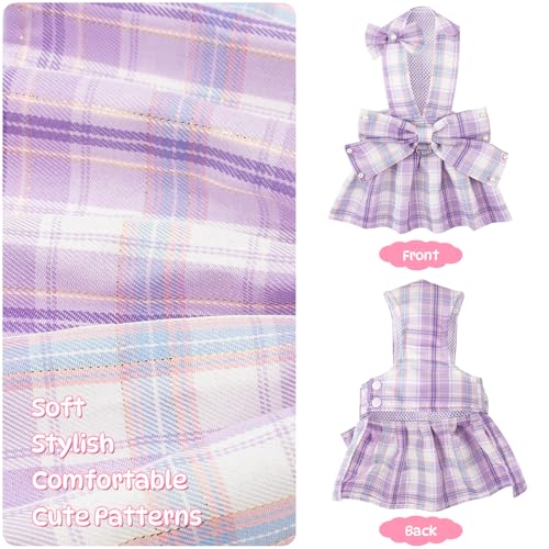 Plaid Dog Dresses for Small Dogs Girl Bowknot Harness Leash Set, Cute Small Dog Dress Harness Dogs Cat Clothes Female with...