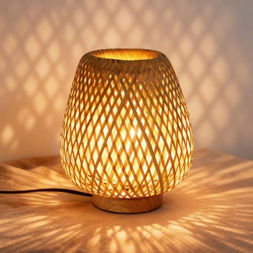 URLIGHTS Table Lamp with Double Layer Woven Shade Wood Base,Desk Bedside Small Lamps with 6ft Power Cord, 110V Plug, Dimma...