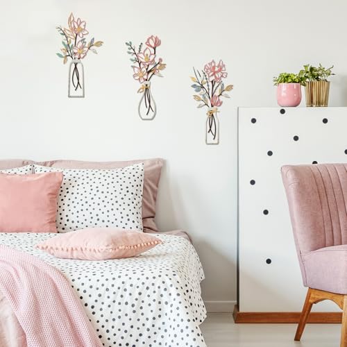 ARTINME 3 Pieces Metal Flowers Wall Arts - Pink and Beige Rustic Farmhouse Decor Minimalist Flower Wall Decors for Living ...